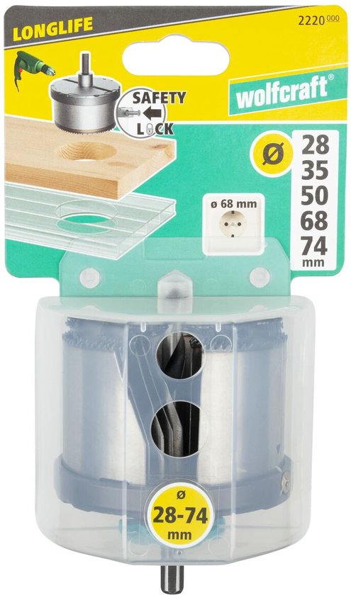 Verpakking met wolfcraft gatenzaag set, maten 28-74 mm, met zaagblad en boor.