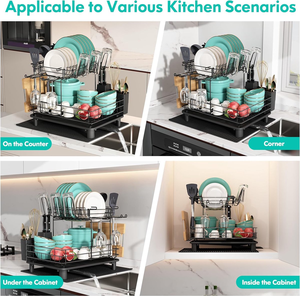 Goedkoopste Afdruiprek voor servies, afdruiprek met lekbak en afdruipmat, roestvrij stalen afdruiprek met keukengereihouder, draaibare uitloop, vaatdroger voor het aanrecht