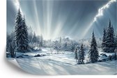 Fotobehang Beautiful Winter Landscape. Majestic White Spruces Glowing By Sunlight. Picturesque And Gorgeous Wintry Scene.