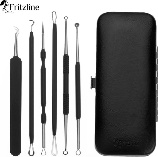 Fritzline® - Roestvrijstalen Blackhead Remover met spiegel - Mee eter Verwijderaar - Acne Verwijderen Set - Comedonendrukker - mee eters verwijderen - Luxe Zwarte Etui