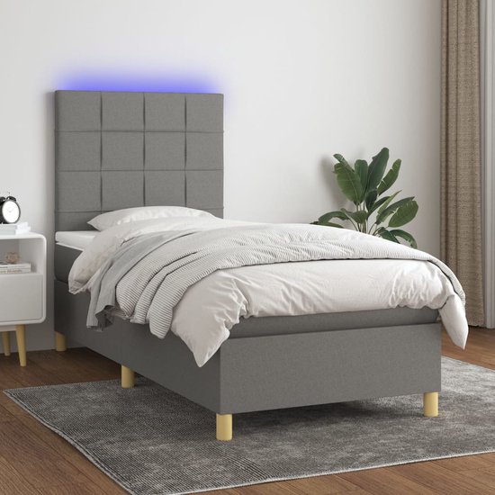 The Living Store Boxspring Bed - Donkergrijs - 193 x 90 x 118/128 cm - Inclusief Matras en LED