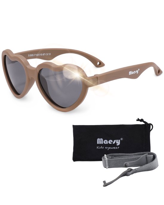 Maesy - lunettes de soleil bébé Maes - pliables flexibles - élastique réglable - protection UV400 polarisée - garçons et filles - lunettes de soleil bébé en forme de coeur - marron taupe