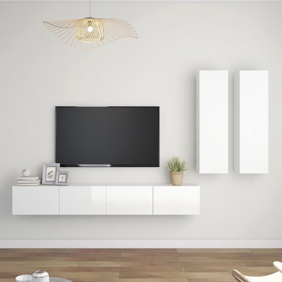 The Living Store Televisiemeubelset TV Wall Unit - 30.5 x 30 x 110 cm - 100 x 30 x 30 cm - Hoogglans wit