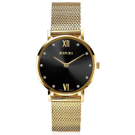 Montre ZINZI Lady Crystal cadran noir, boîtier doré et bracelet en maille d'acier, cristaux blancs à l'indication des heures, 28 mm ZIW643M