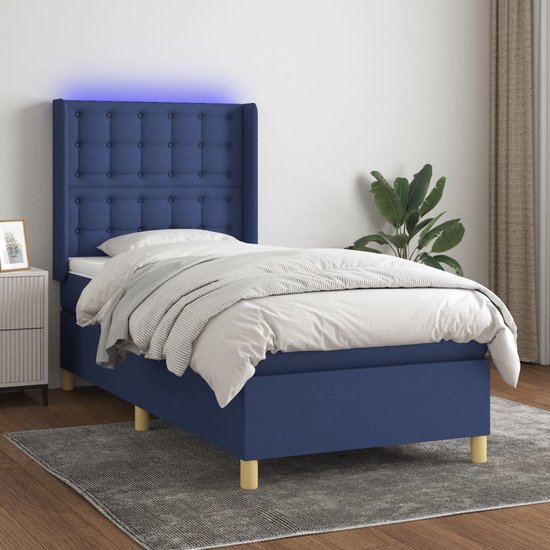 The Living Store Boxspring Bed - Blauw - 203 x 103 x 118/128 cm - LED-verlichting