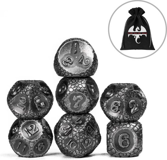 Lapi Toys - Dungeons and Dragons dobbelstenen - DnD - D&D - Polydice - 1 set (7 stuks) - Metaal - Zilver