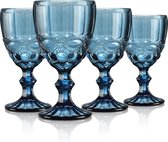 Blauw vintage wijnglas met reliëf, gekleurd reliëf, rode wijnglas, witte wijnglas, drinkglas, kelkglas, wijnglas voor wijn, sapdranken, 300 ml, set van 4, machinebestendig