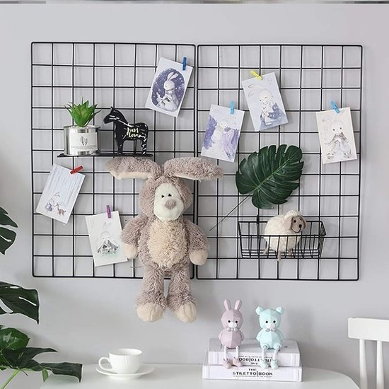 Set van 2 wandroosters, zwart, multifunctionele rasterwand, doe-het-zelf ijzeren rooster, fotowand, decoratie, prikbord voor foto's aan de familie, keuken, kantoor enz. (30 x 40 cm