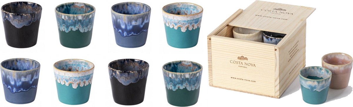 Costa Nova grespresso serie set van 8 lungo kopjes in houten gift box 210 ML - Ocean