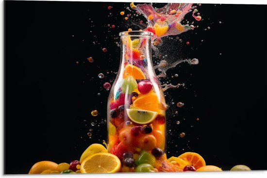 Dibond - Fles - Eten - Fruit - Spetters - Kleuren - 75x50 cm Foto op Aluminium (Met Ophangsysteem)