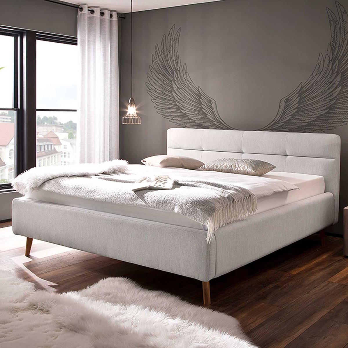 Kofferbed Lode 180x200 - Grijs - Meise - Tweepersoons Gestoffeerd Bed - Grijs - Polyester Tweepersoons Normaal Bed