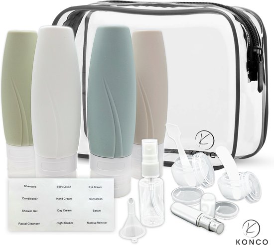 Konco reisflesjes set- navulbare silicone flesjes- toilettas met accessoires