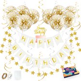 Fissaly Guirlande d'Anniversaire Blanc & Or avec Ballons à Confettis en Papier - Décoration - Joyeux Anniversaire - Guirlande de Lettres