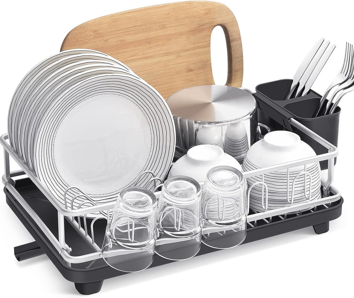 Goedkoopste Afdruiprek, aluminium afdruiprek, anti-roest, afdruiprek met afneembare bestekhouder, 10 bekerhouders, gebruiksvoorwerpenhouder, draaibare lekbak voor keuken
