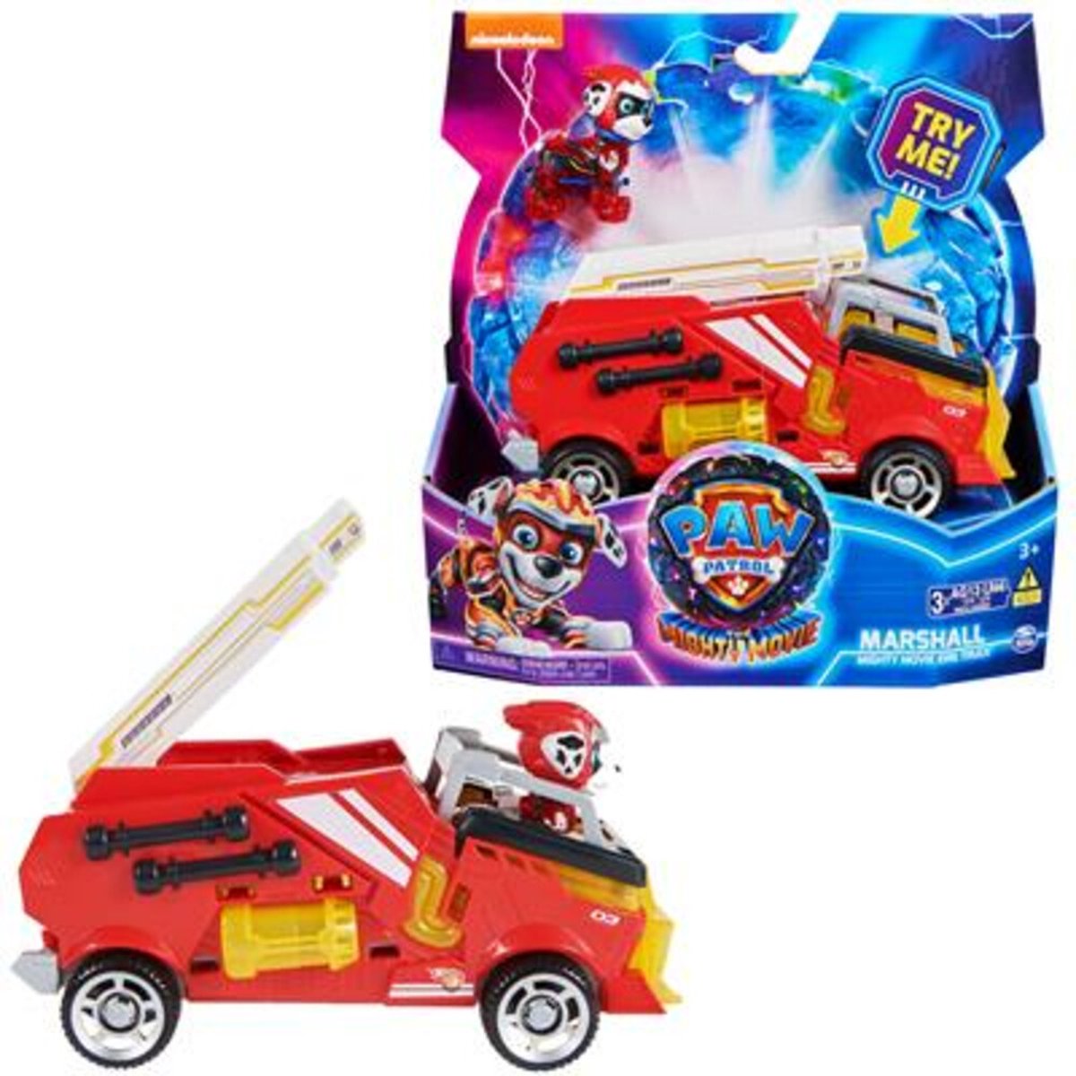 PAW Patrol The Mighty Movie - Camion de pompiers avec figurine d'action  Marshall