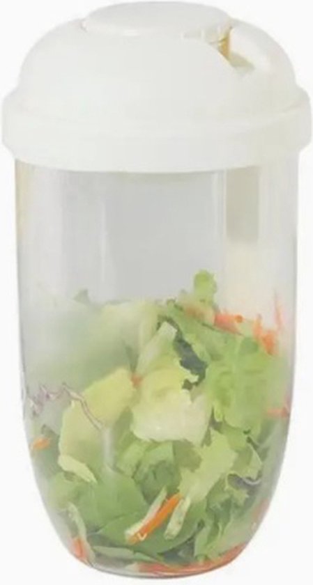 Foto: Saladebeker met vork en dressingbeker wit 900 ml salade of pasta voor onderweg lunch 2 go aanmaakblokjes