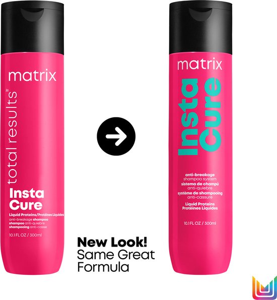 Ancienne et nouvelle bouteille de shampooing Matrix Instacure côte à côte. Nouveau look, même formule géniale.
