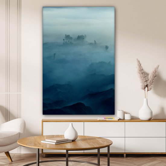Peinture sur toile - Brouillard - Arbres - Berg - Blauw - Canvasdoek - Photo sur toile - 80x120 cm - Peintures sur toile
