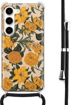 Hoesje met koord - Geschikt voor Samsung Galaxy S23 - Retro flowers - Verstelbaar zwart koord - Crossbody - Bloemen - Transparant, Oranje - Leuke Telefoonhoesjes
