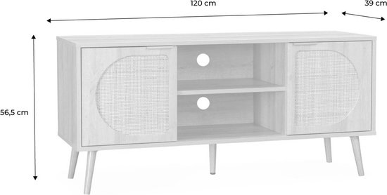 Afmetingen van tv-meubel van houtdecor met rieten deuren: l120 x b39 x h56,5cm.