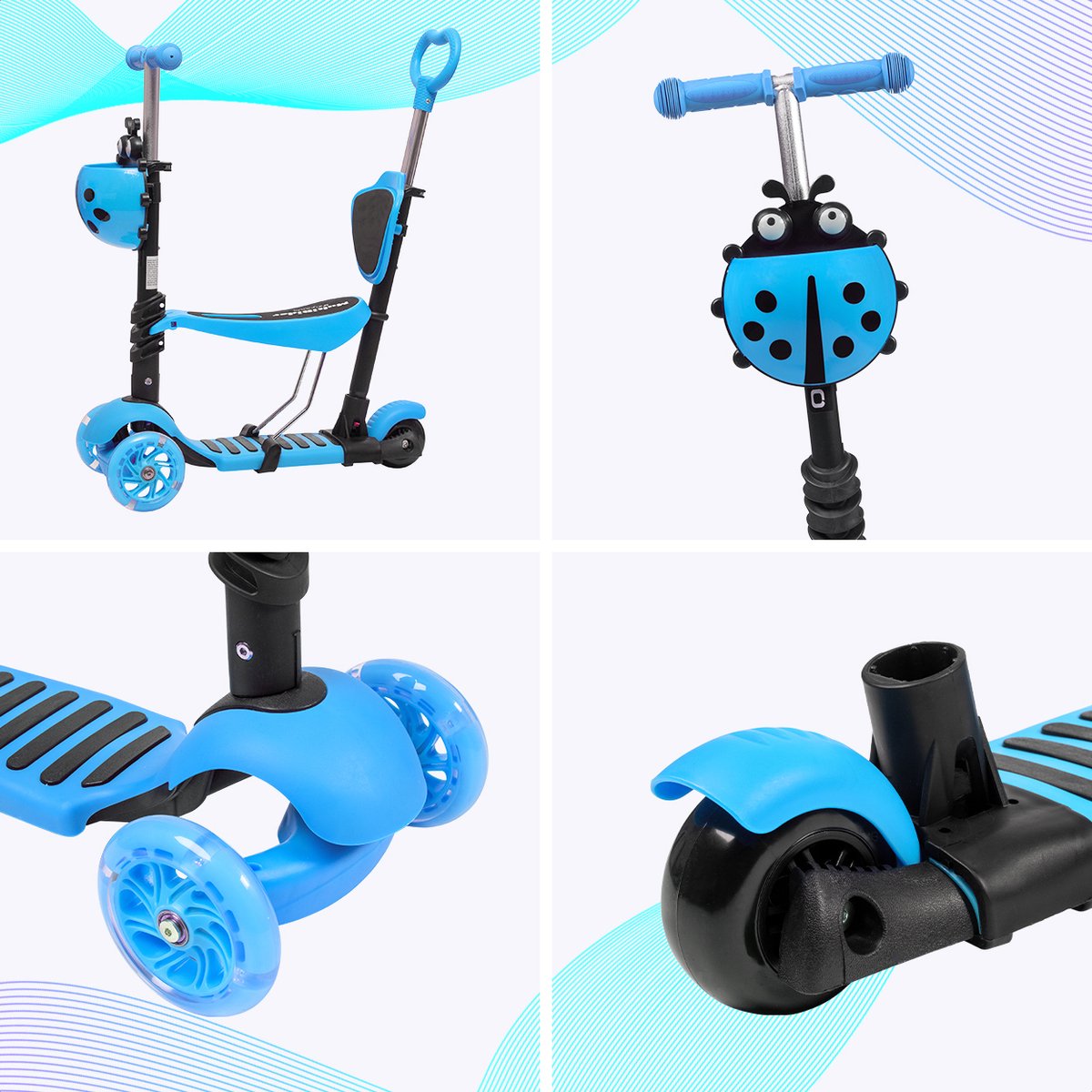 LifeGoods MultiRider - Kinderstep met Duwstang - 3 tot 8 Jaar - Hoogte Verstelbaar - Jongens/Meisjes - Lichtgevende LED Wielen - Blauw — afbeelding 10