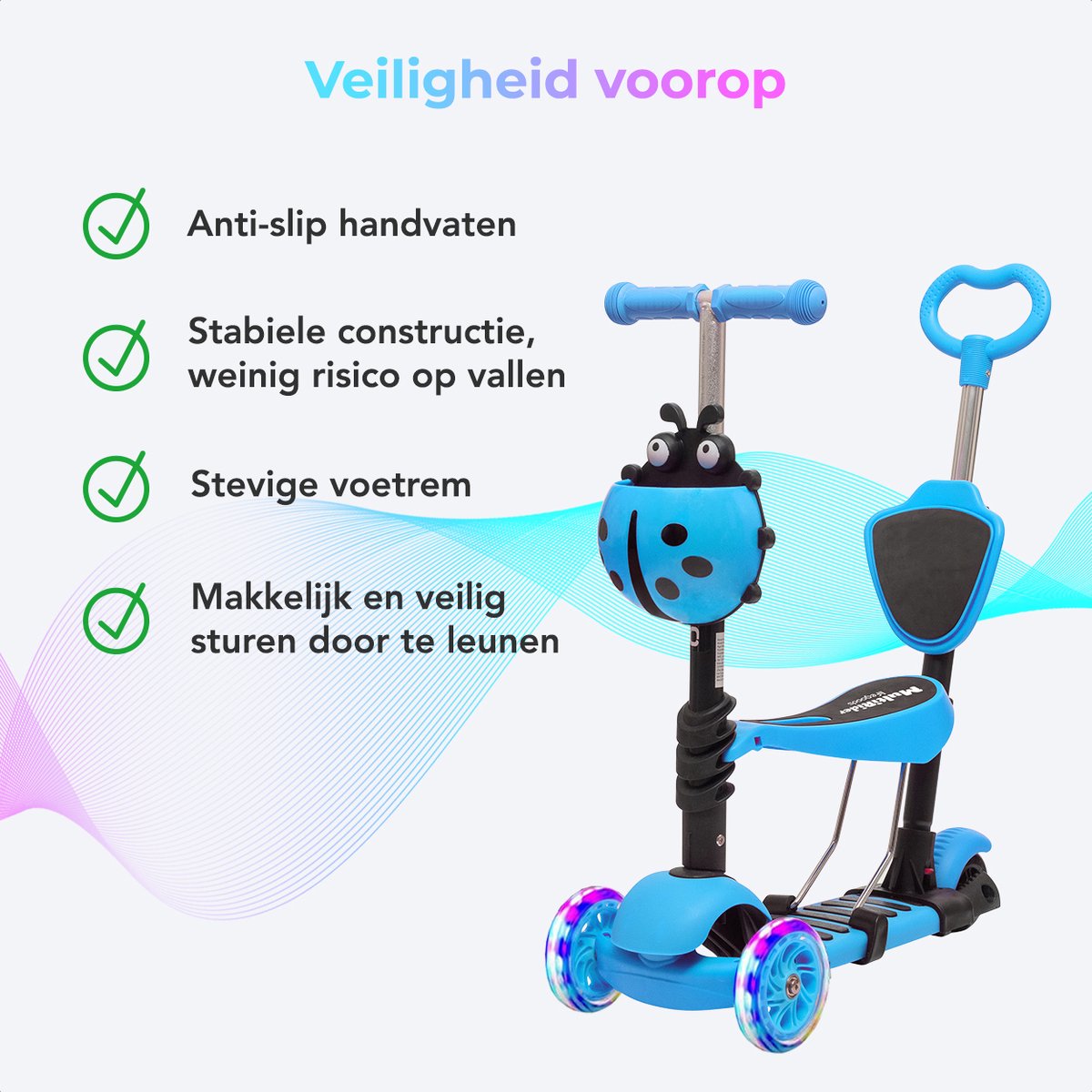 LifeGoods MultiRider - Kinderstep met Duwstang - 3 tot 8 Jaar - Hoogte Verstelbaar - Jongens/Meisjes - Lichtgevende LED Wielen - Blauw — afbeelding 7