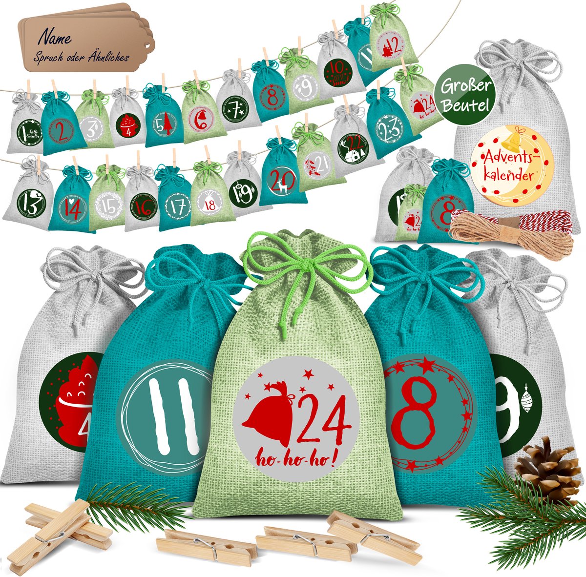 KESSER® Adventskalender om zelf te vullen 24 Jute Zakjes Bedrukte Stoffen Kerst Zakjes Incl. 24x Labels + 1 Grote Stoffen Opbergzak Advent Kalender - Groen / 16 cm x 12 cm