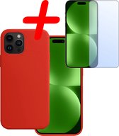 Hoes Geschikt voor iPhone 15 Pro Hoesje Siliconen Back Cover Case Met Screenprotector - Hoesje Geschikt voor iPhone 15 Pro Hoes Cover Hoesje - Rood