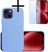 Hoes Geschikt voor iPhone 15 Hoesje Cover Siliconen Back Case Hoes Met Screenprotector - Lichtblauw