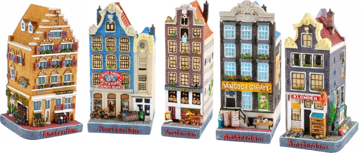 Hollandse Huisjes - Set van 5 - Amsterdam - hoogte 13 cm - Grachtenpand huisjes - souvenirs Nederland - Van Gogh - Klompen - Hollandse cadeautjes - Amsterdam souvenir