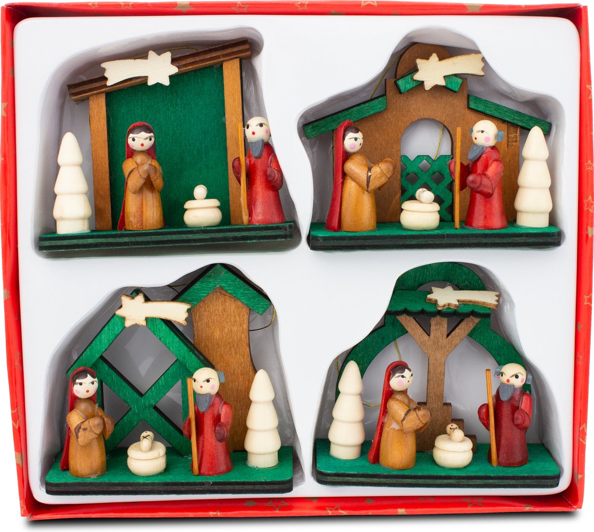 Brubaker 4-Delige Set Bethlehem Cribs Houten Hangers - Kerstboomdecoraties Maria en Jozef met Jezus - Kersthangertjes Houten Kerstboomdecoraties - met de Hand Beschilderd Veelkleurig