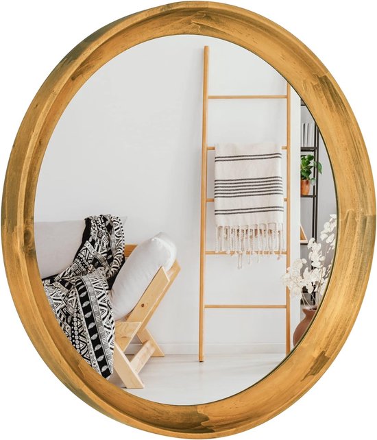35cm muur spiegel hout retro ronde spiegel decoratieve hd spiegel voor badkamer entrees woonkamer en poeder kamer, slaapkamer