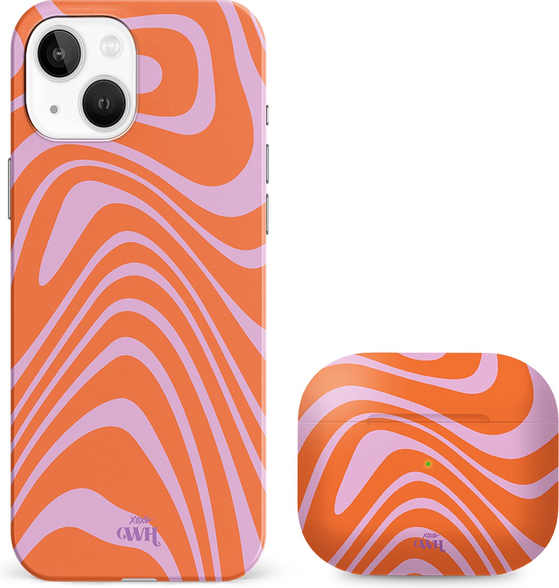 xoxo Wildhearts siliconen hoesje + Airpods Pro 1/Pro 2 - Geschikt voor iPhone 14 Plus en Airpods Pro 1 en Pro 2 - Boogie Wonderland Orange - Single layer telefoonhoesje - Oranje - Roze - Hoesje met print