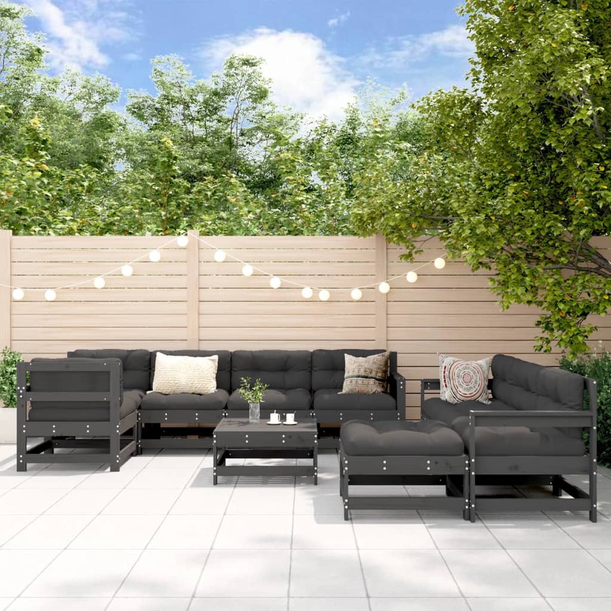 The Living Store 10-delige Loungeset met kussens massief hout grijs - Loungeset - Tuinset - Lounge Bank - Tuinbank - Buitenkamer