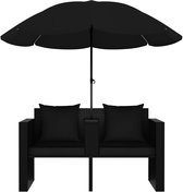 The Living Store Rattan loungeset - inclusief parasol - zwart - PE-rattan - 130 x 58 x 77 cm - 119 x 54 x 36 cm - 1.8 m - 6 cm - 4 cm - afneembare kussenhoes - afneembare voetenbank - montage vereist