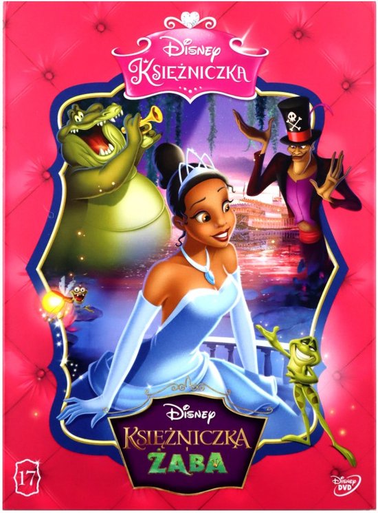 Voorzijde DVD De Prinses en de Kikker met Tiana, prins Naveen als kikker, Dr. Facilier en Louis.