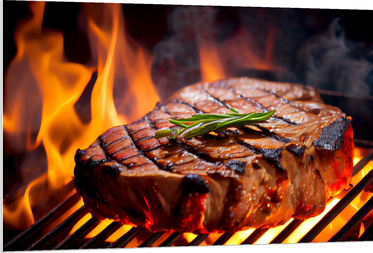 PVC Schuimplaat - Brandende Steak op Barbecue - 120x80 cm Foto op PVC Schuimplaat (Met Oph