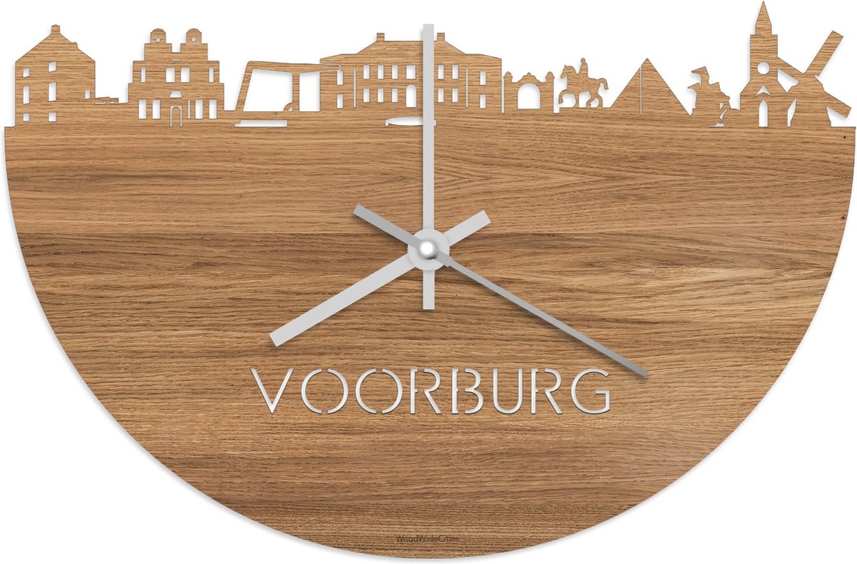 Skyline Klok Voorburg Eikenhout - Ø 40 cm - Stil uurwerk - Wanddecoratie - Meer steden beschikbaar - Woonkamer idee - Woondecoratie - City Art - Steden kunst - Cadeau voor hem - Cadeau voor haar - Jubileum - Trouwerij - Housewarming - WoodWideCities