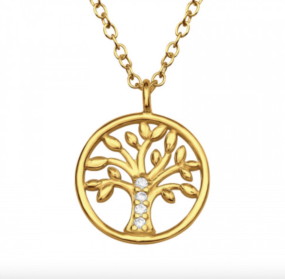 Gold (goud) plated ketting met hanger, tree of life met kristallen