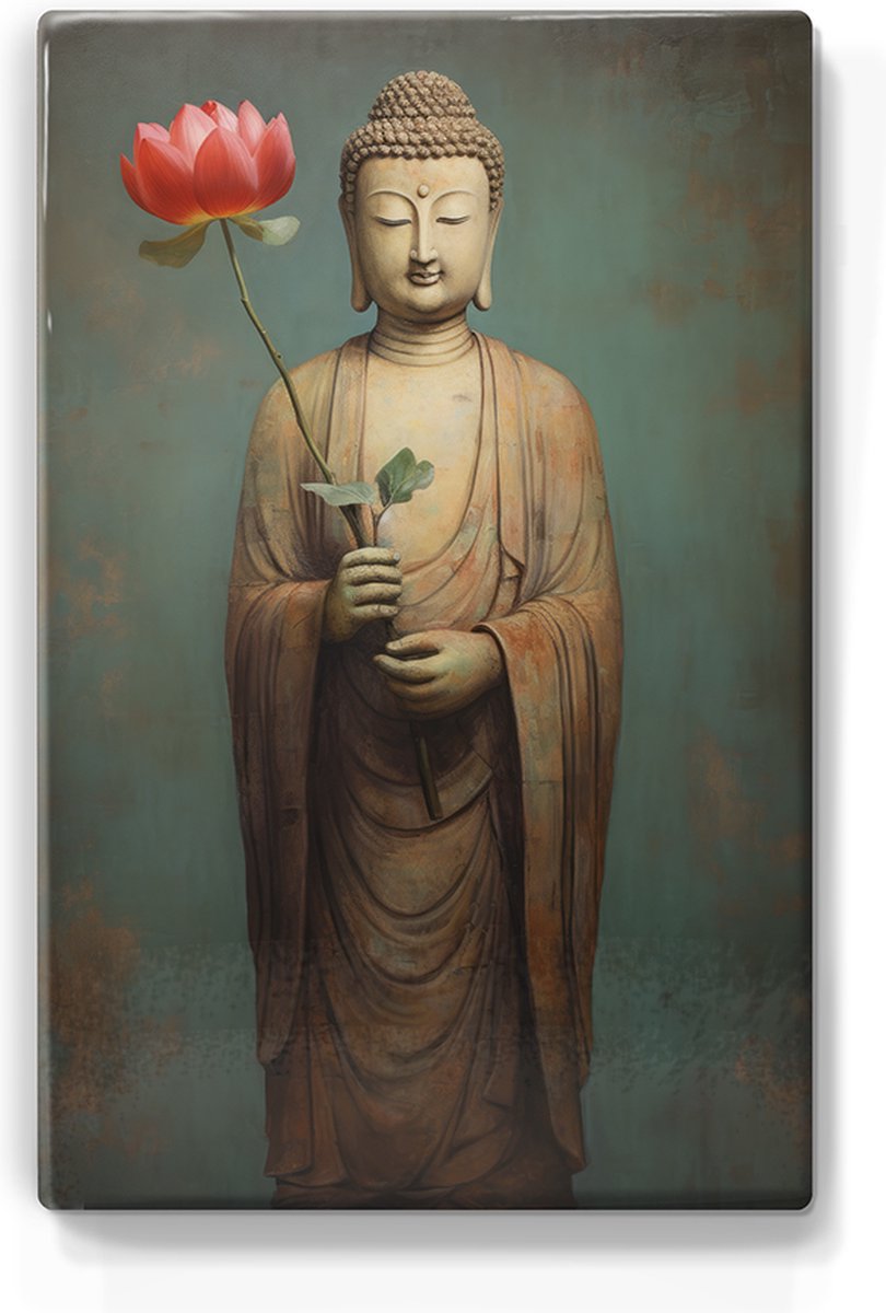 Boeddha met bloemen - Laqueprint - 19,5 x 30 cm - Niet van echt te onderscheiden handgelakt schilderijtje op hout - Mooier dan een print op canvas. - LP523