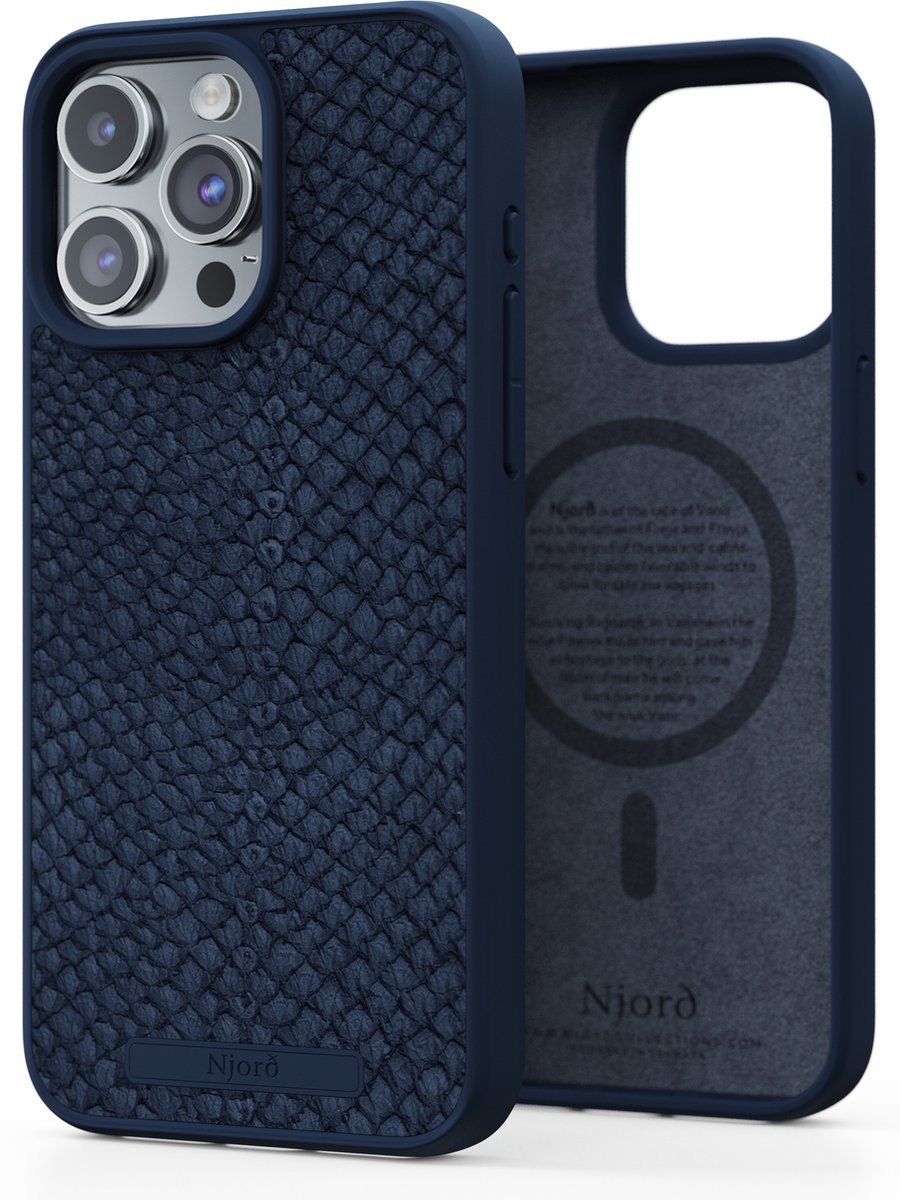 Njord Collections Zalm Leder Telefoonhoesje - Geschikt voor iPhone 15 Pro Max - Gereycled / Duurzaam materiaal - 2 Meter valbescherming - Mag Compatible / Inclusief Magnetische Ring – Blauw