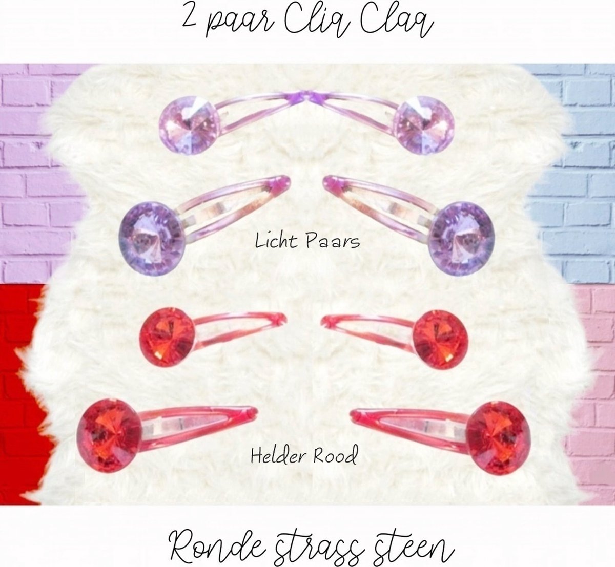 LFA - Haarspeldjes / haarknipjes / clips / cliq claq / klik klak met Bling crystal - Grote rivoli strass steen - Rond - 4 paar in 2 kleuren (8 stuks) - Licht Paars Helder Rood - Kinderen - Tieners - Volwassenen