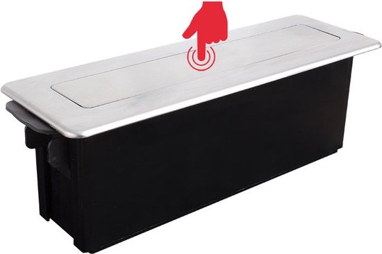 Zwarte inbouwdoos met een gesloten RVS deksel en een rode handcursor die de aanraakfunctie aangeeft.