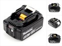 Zwarte Makita 18V Lithium-Ion accu, 5.0Ah, met 4 LED-indicatoren, gele connector en detailfoto's.