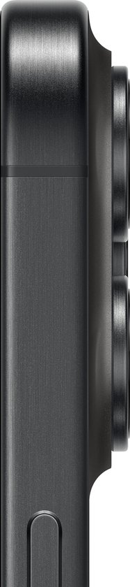Zijkant van een donkergrijze iPhone 15 Pro Max met drie camera's.