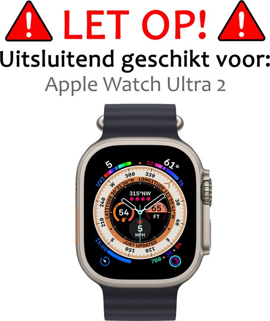 Apple Watch Ultra met donkerblauwe band, met tekst 'LET OP! Uitsluitend geschikt voor: Apple Watch Ultra 2'.