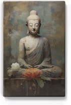 Boeddha met bloemen - Laqueprint - 19,5 x 30 cm - Niet van echt te onderscheiden handgelakt schilderijtje op hout - Mooier dan een print op canvas. - LP527
