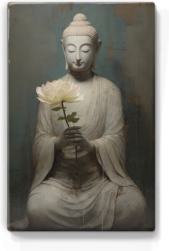 Boeddha met bloemen - Mini Laqueprint - 9,6 x 14,7 cm - Niet van echt te onderscheiden handgelakt schilderijtje op hout - Mooier dan een print op canvas. - LPS536