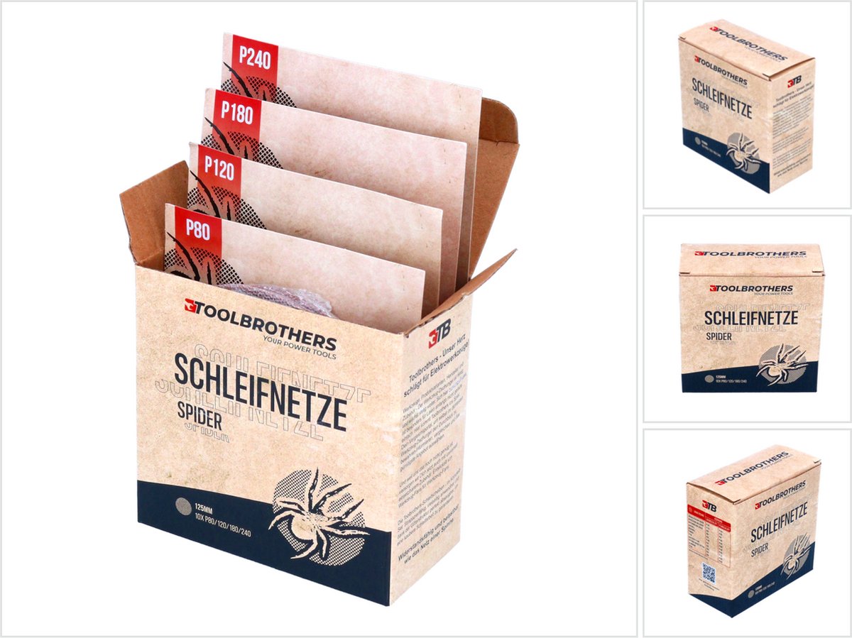 Toolbrothers SPIDER schuurset net schuurmiddelen schuurnetten 125 mm klittenband elk 10x P80 / P120 / P180 / P240 voor hardhout, zachthout, lak, steen, staal, aluminium, fineer