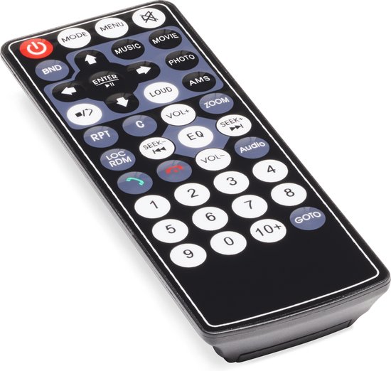 Zwarte afstandsbediening voor Caliber autoradio met diverse knoppen en numeriek toetsenblok.